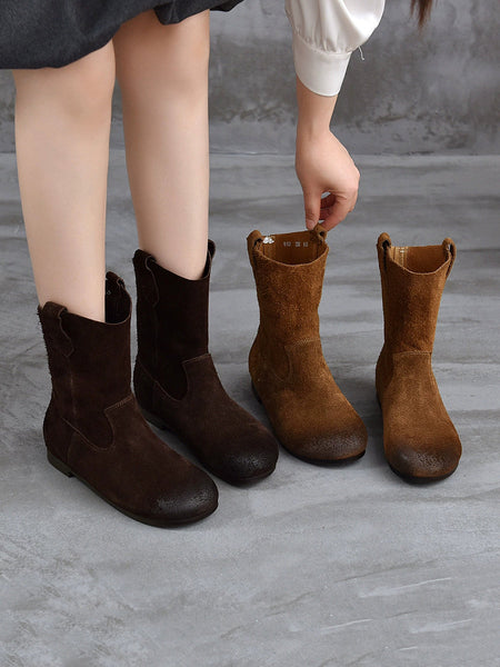 Spliced Low Boots Vintage Women Genuine Leather Heel FashionChic