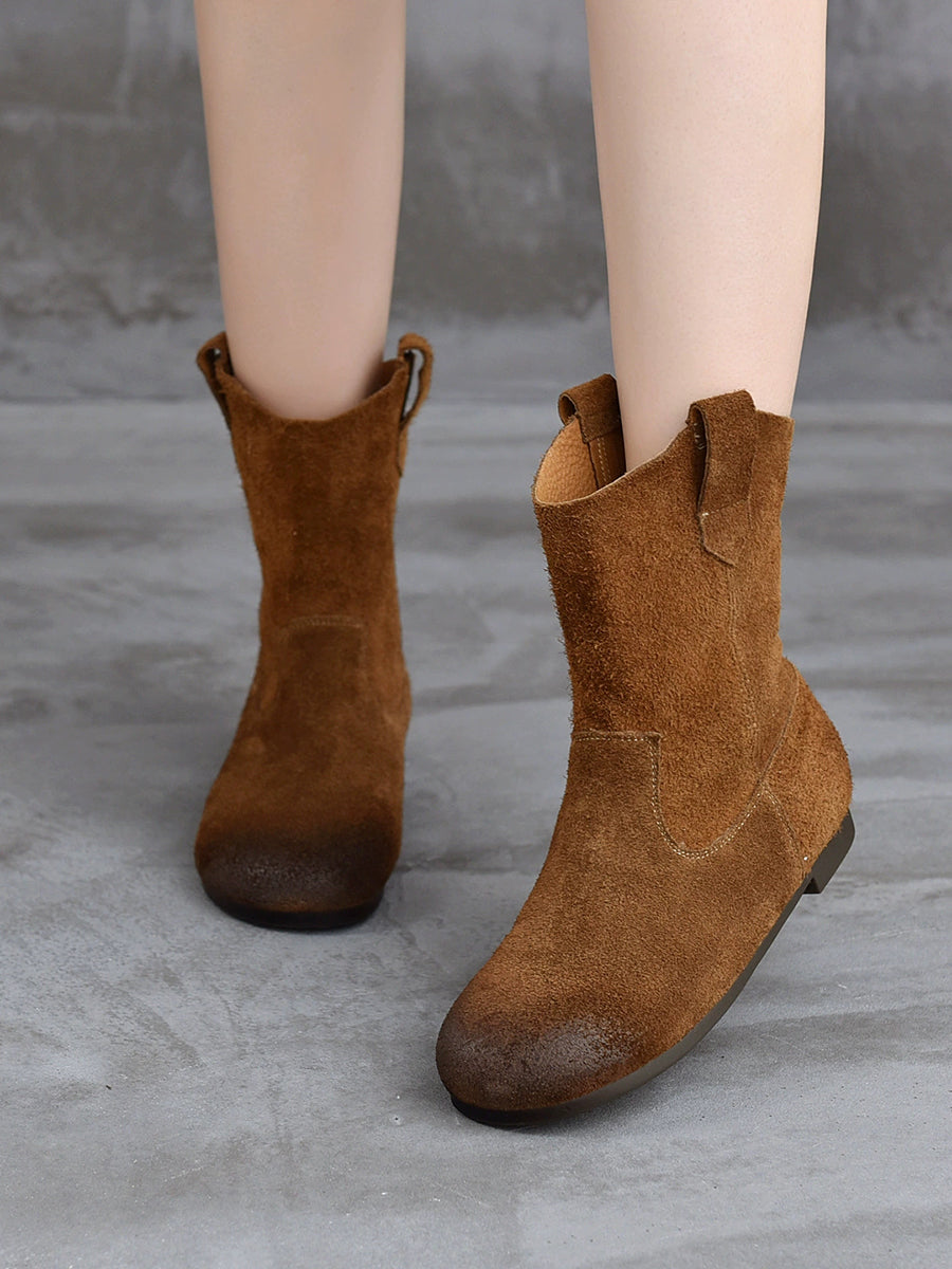 Spliced Low Boots Vintage Women Genuine Leather Heel FashionChic