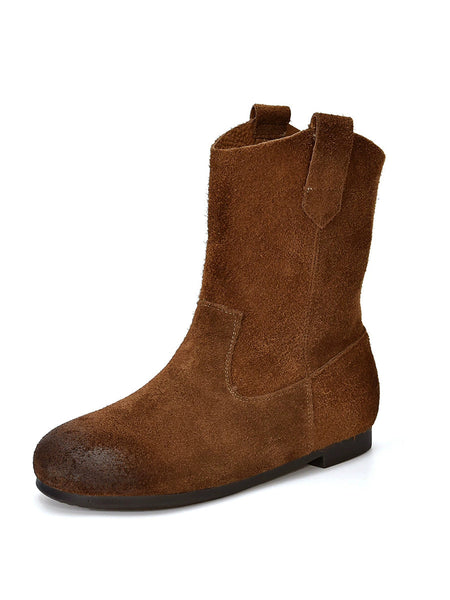 Spliced Low Boots Vintage Women Genuine Leather Heel FashionChic