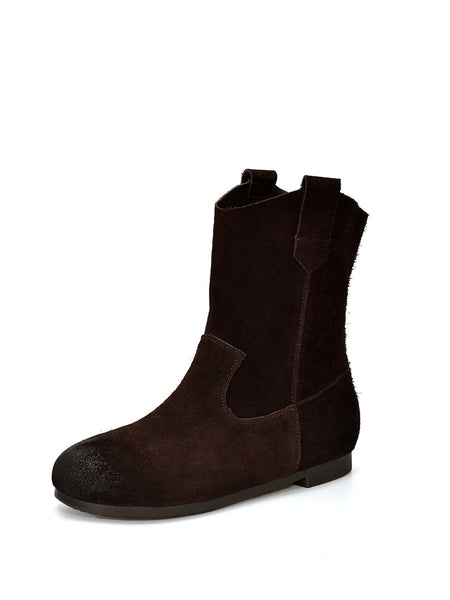 Spliced Low Boots Vintage Women Genuine Leather Heel FashionChic