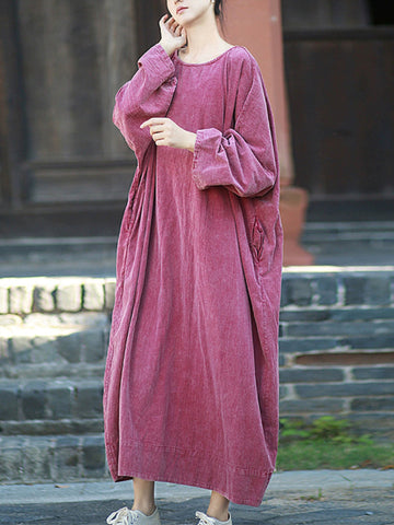 Autumn Dress O-Neck Retro Linen Women Pure Color Cotton FashionChic