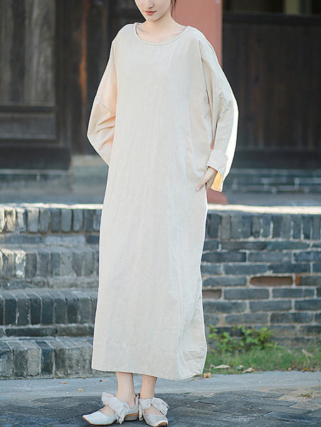 Autumn Dress O-Neck Retro Linen Women Pure Color Cotton FashionChic