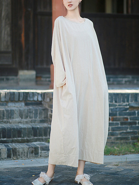 Autumn Dress O-Neck Retro Linen Women Pure Color Cotton FashionChic