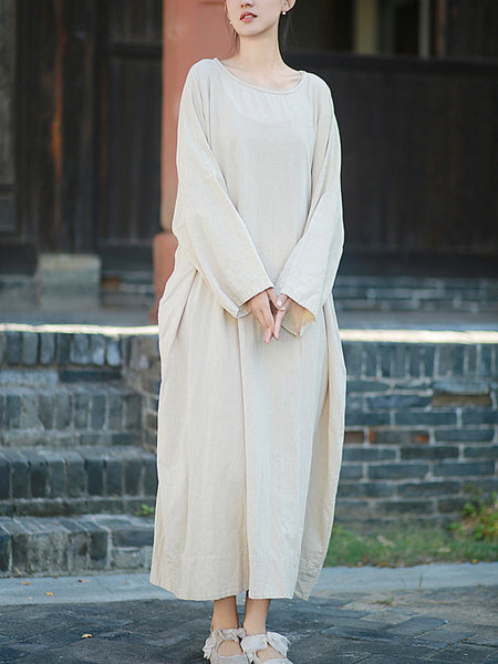 Autumn Dress O-Neck Retro Linen Women Pure Color Cotton FashionChic