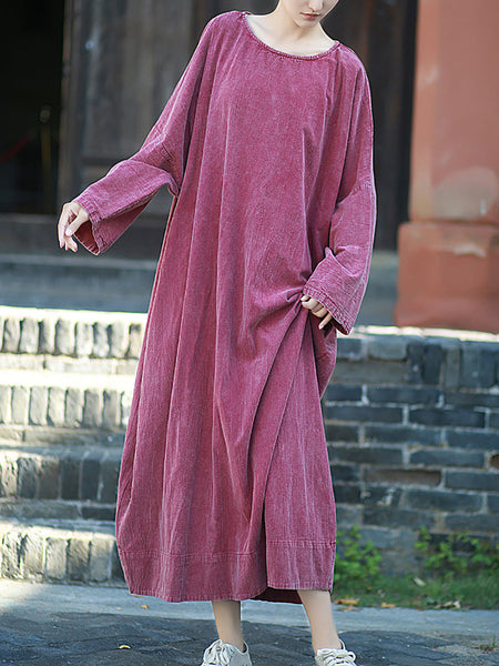 Autumn Dress O-Neck Retro Linen Women Pure Color Cotton FashionChic