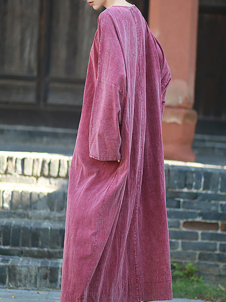 Autumn Dress O-Neck Retro Linen Women Pure Color Cotton FashionChic