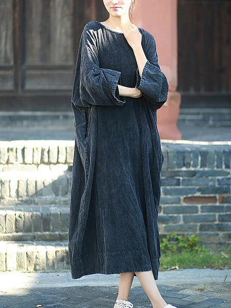 Autumn Dress O-Neck Retro Linen Women Pure Color Cotton FashionChic