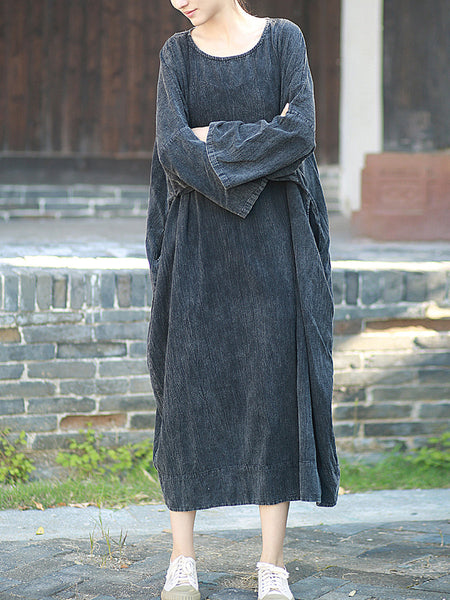 Autumn Dress O-Neck Retro Linen Women Pure Color Cotton FashionChic