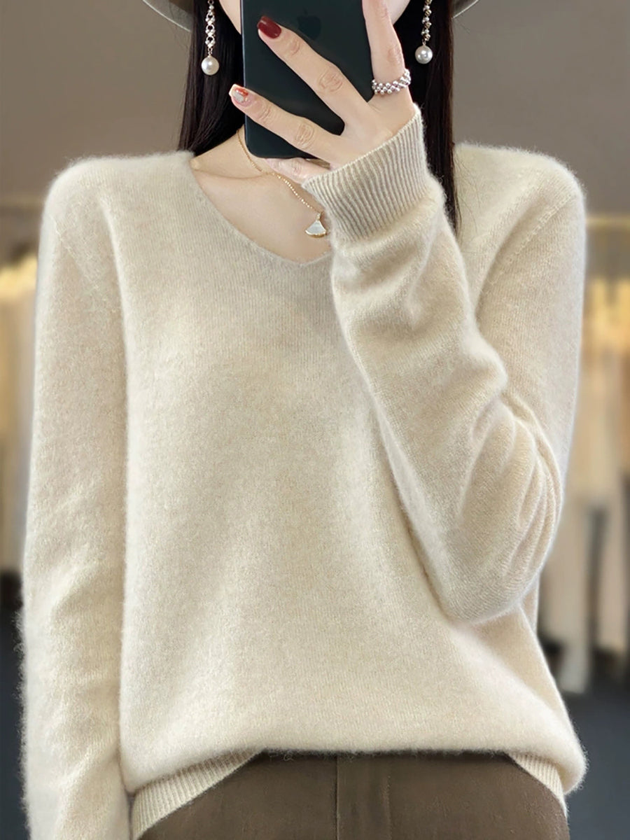 Wool V-Neck Casual Sweater Color Women Autumn Pure FashionChic