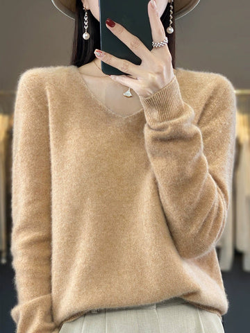 Wool V-Neck Casual Sweater Color Women Autumn Pure FashionChic