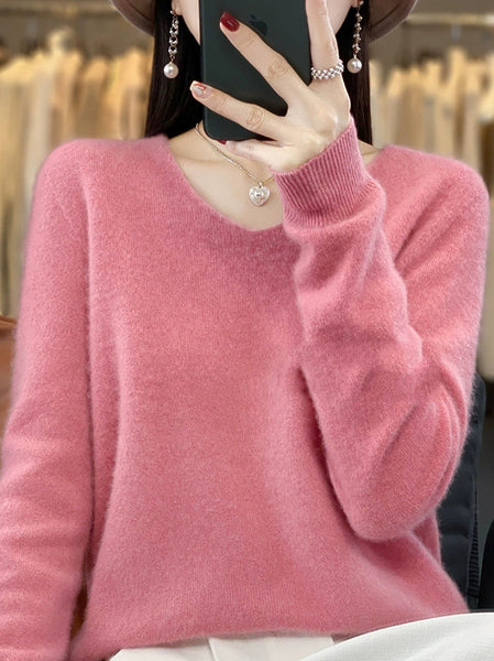 Wool V-Neck Casual Sweater Color Women Autumn Pure FashionChic
