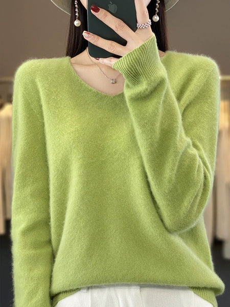 Wool V-Neck Casual Sweater Color Women Autumn Pure FashionChic