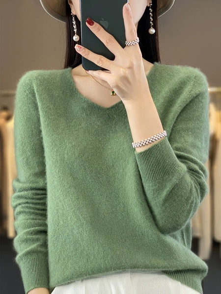 Wool V-Neck Casual Sweater Color Women Autumn Pure FashionChic