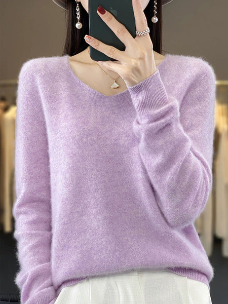 Wool V-Neck Casual Sweater Color Women Autumn Pure FashionChic