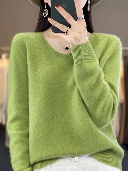 Wool V-Neck Casual Sweater Color Women Autumn Pure FashionChic