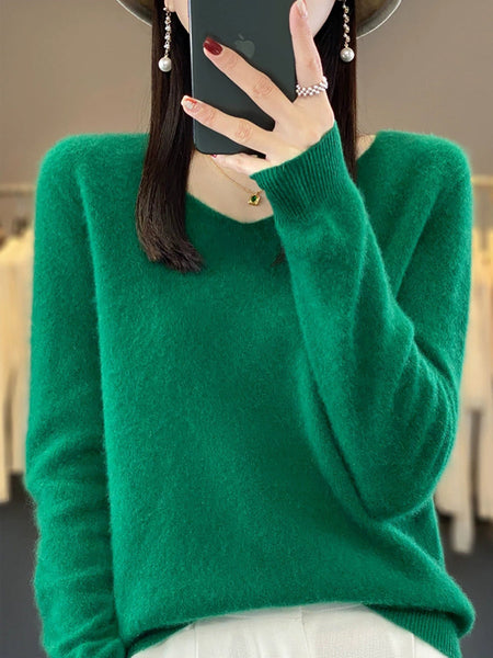 Wool V-Neck Casual Sweater Color Women Autumn Pure FashionChic