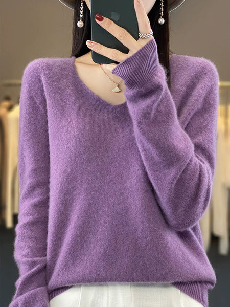 Wool V-Neck Casual Sweater Color Women Autumn Pure FashionChic