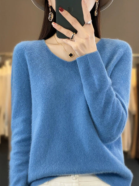 Wool V-Neck Casual Sweater Color Women Autumn Pure FashionChic