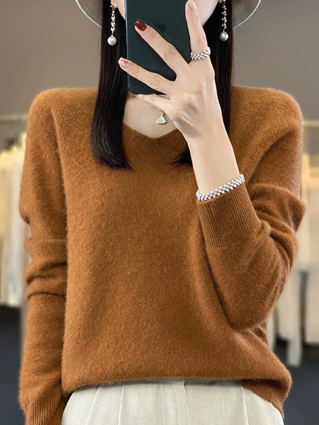 Wool V-Neck Casual Sweater Color Women Autumn Pure FashionChic