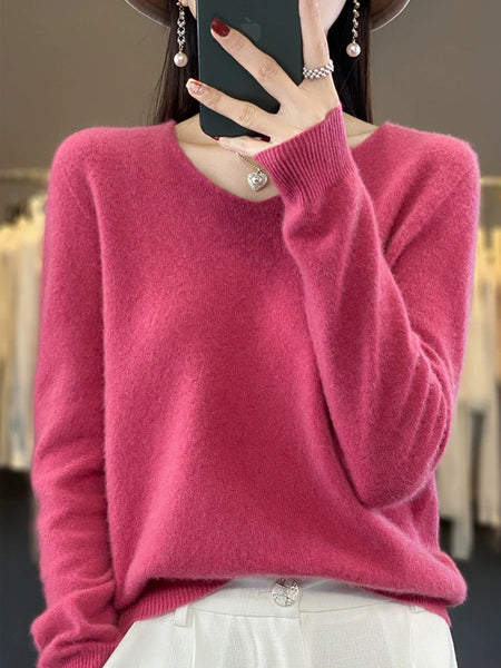 Wool V-Neck Casual Sweater Color Women Autumn Pure FashionChic