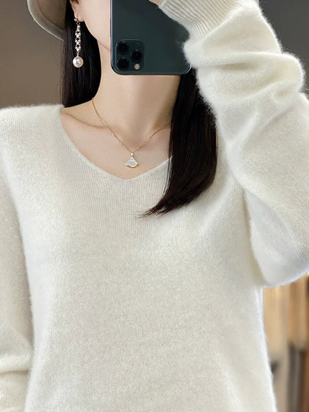 Wool V-Neck Casual Sweater Color Women Autumn Pure FashionChic
