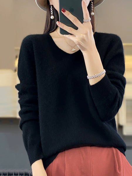 Wool V-Neck Casual Sweater Color Women Autumn Pure FashionChic