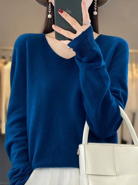Wool V-Neck Casual Sweater Color Women Autumn Pure FashionChic