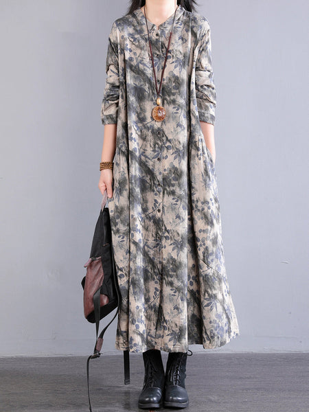 Dress 100%Cotton Women Autumn Print Collar Stand Retro FashionChic