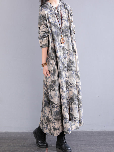 Dress 100%Cotton Women Autumn Print Collar Stand Retro FashionChic