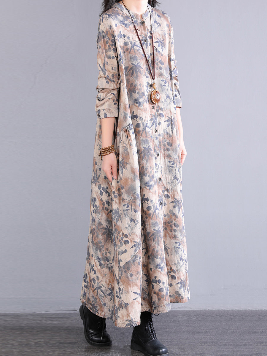Dress 100%Cotton Women Autumn Print Collar Stand Retro FashionChic