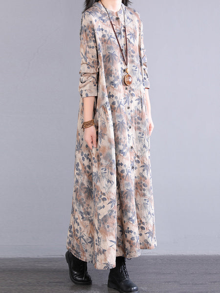 Dress 100%Cotton Women Autumn Print Collar Stand Retro FashionChic