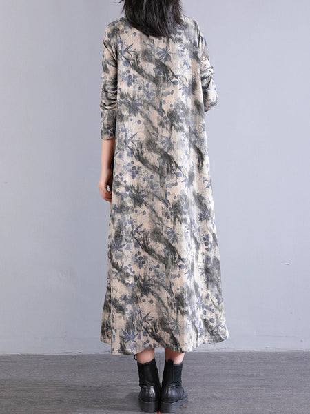 Dress 100%Cotton Women Autumn Print Collar Stand Retro FashionChic