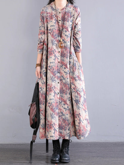 Dress 100%Cotton Women Autumn Print Collar Stand Retro FashionChic
