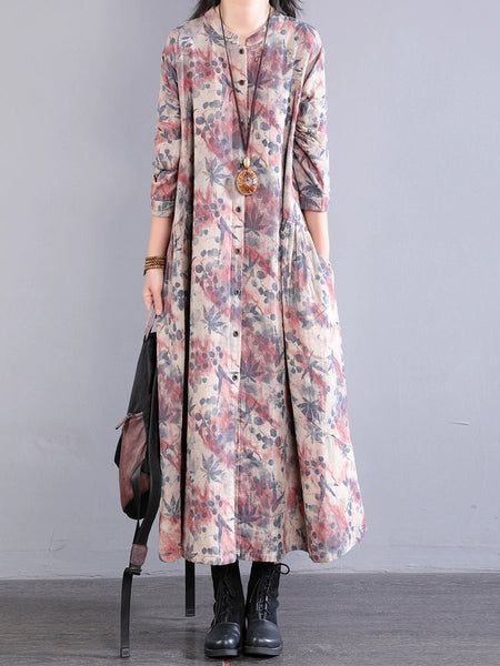 Dress 100%Cotton Women Autumn Print Collar Stand Retro FashionChic