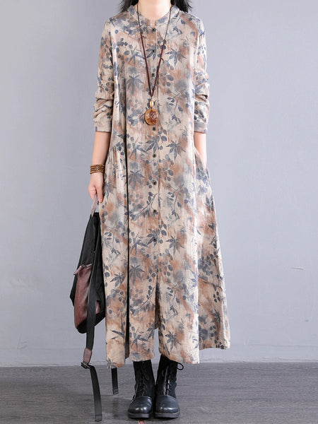 Dress 100%Cotton Women Autumn Print Collar Stand Retro FashionChic