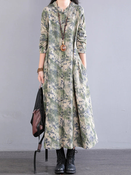 Dress 100%Cotton Women Autumn Print Collar Stand Retro FashionChic