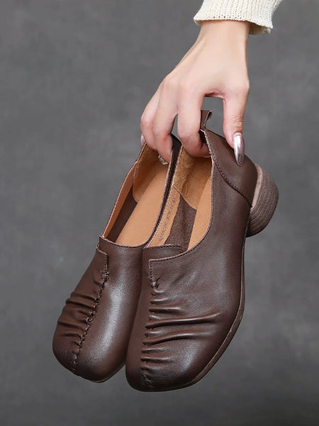 Heel Mid Genuine Leather Spliced Shoes Women Vintage FashionChic