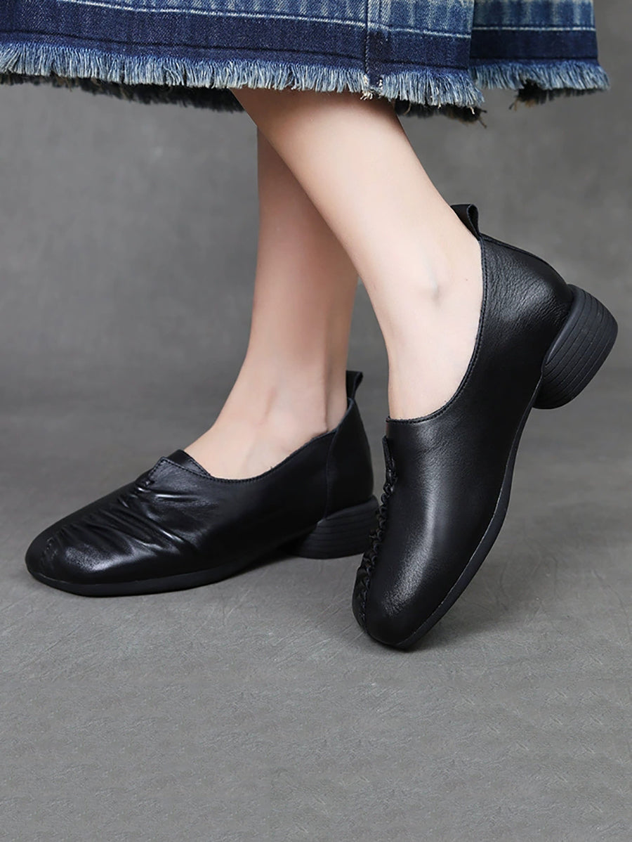 Heel Mid Genuine Leather Spliced Shoes Women Vintage FashionChic