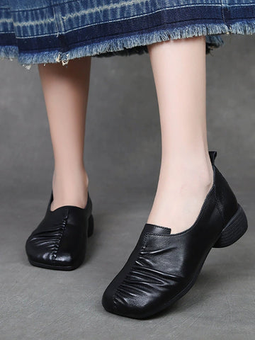 Heel Mid Genuine Leather Spliced Shoes Women Vintage FashionChic