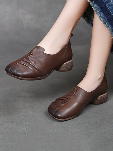 Heel Mid Genuine Leather Spliced Shoes Women Vintage FashionChic