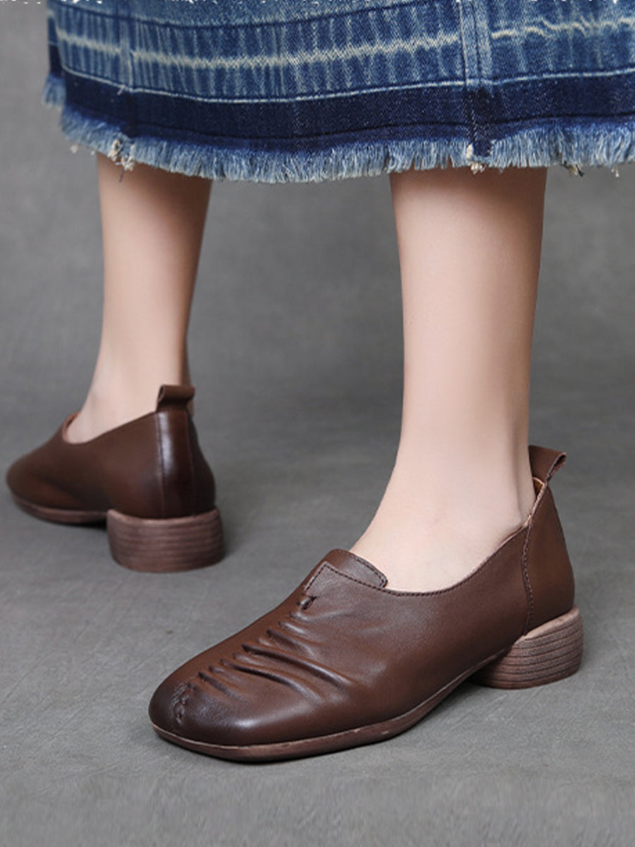 Heel Mid Genuine Leather Spliced Shoes Women Vintage FashionChic
