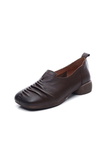 Heel Mid Genuine Leather Spliced Shoes Women Vintage FashionChic