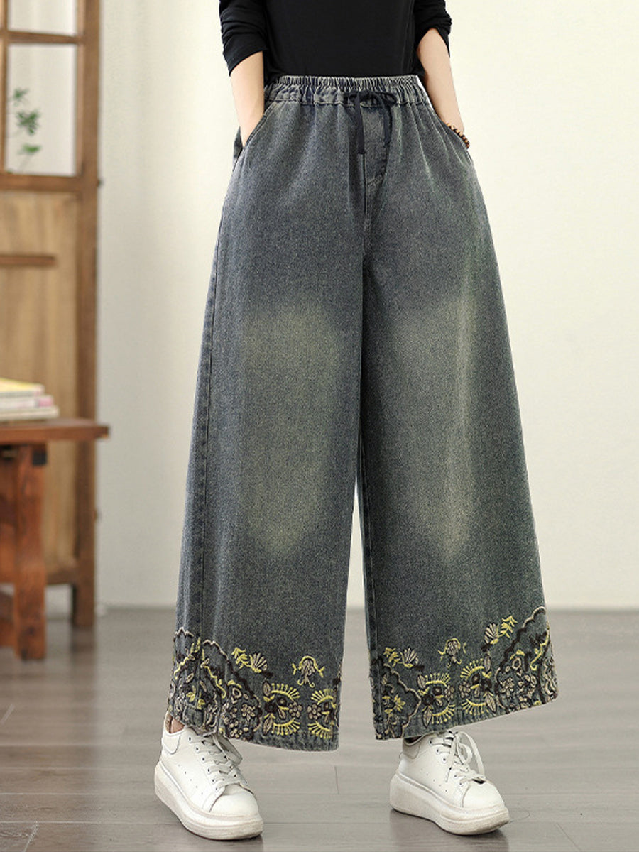 Embroidery Women Retro Autumn Denim Wide-leg Pants FashionChic