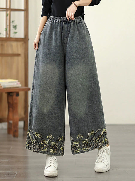Embroidery Women Retro Autumn Denim Wide-leg Pants FashionChic