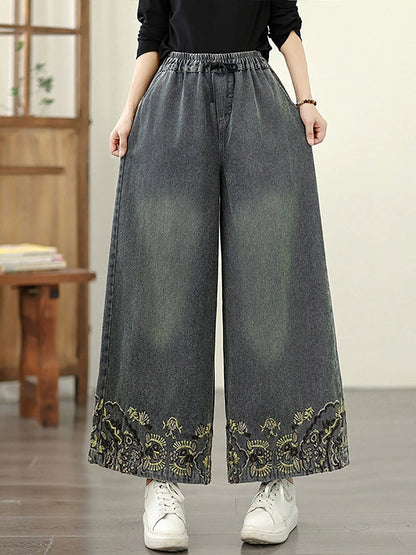 Embroidery Women Retro Autumn Denim Wide-leg Pants FashionChic
