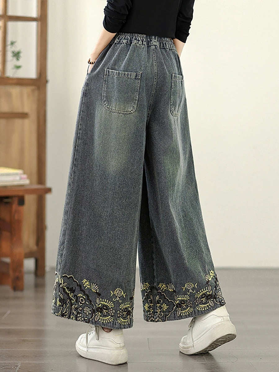 Embroidery Women Retro Autumn Denim Wide-leg Pants FashionChic
