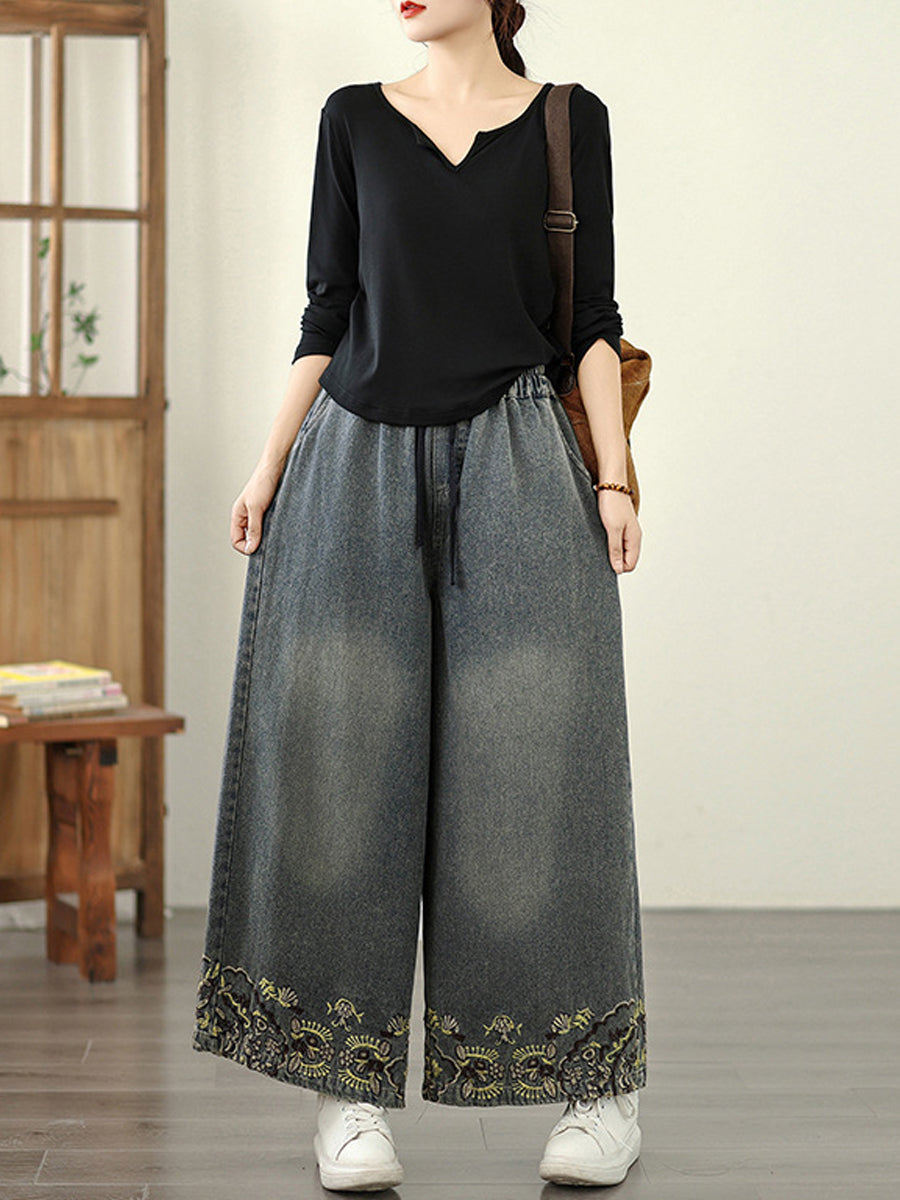 Embroidery Women Retro Autumn Denim Wide-leg Pants FashionChic