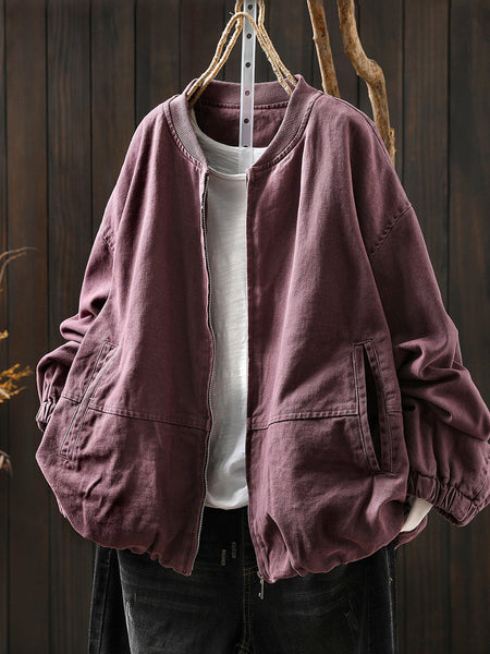 Pure Color Jacket O-Neck 100%Cotton Women Autumn FashionChic