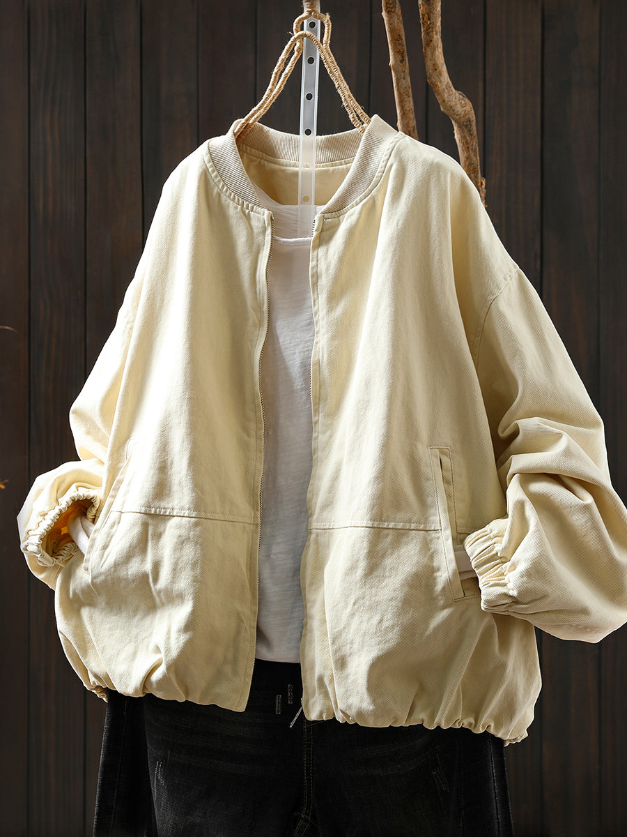 Pure Color Jacket O-Neck 100%Cotton Women Autumn FashionChic