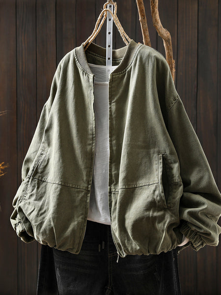 Pure Color Jacket O-Neck 100%Cotton Women Autumn FashionChic